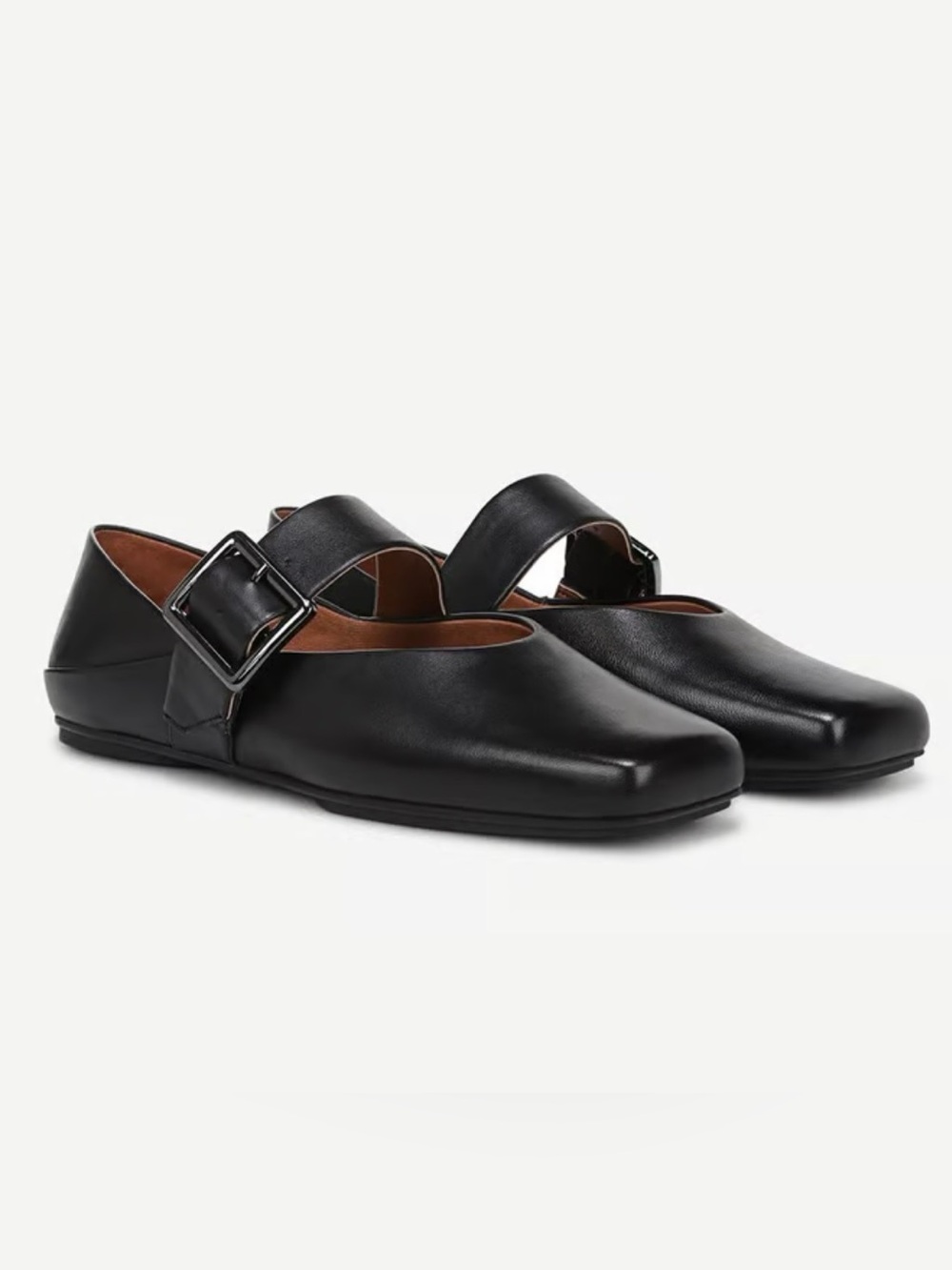 Black Leather Mary Jane Flats with Buckle Strap